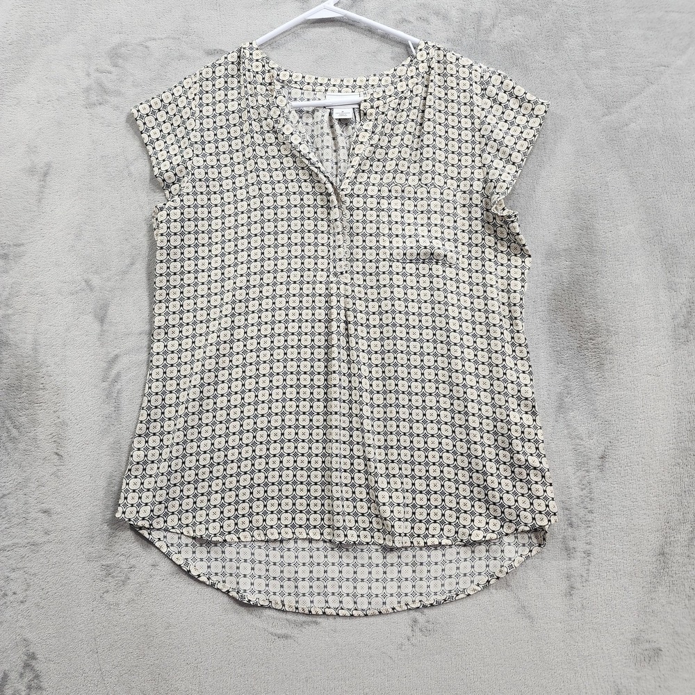 Liz Claiborne Top Womens M White Geometric Henley Cap Sleeve High Low Blouse